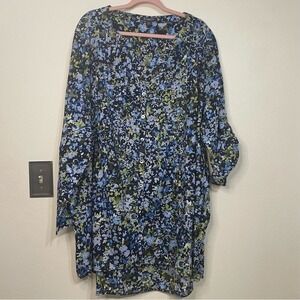 Roaman's Floral Tunic Roll Tab Sleeve 30W Blue Green Cotton Pin-tuck Blouse